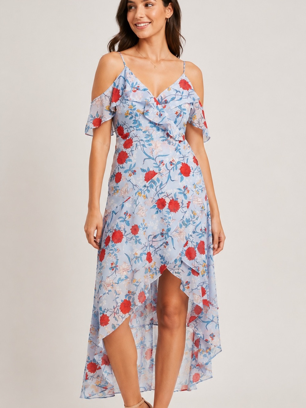 Bardot cold-shoulder high-low maxi dress blue floral print with red Sz 4